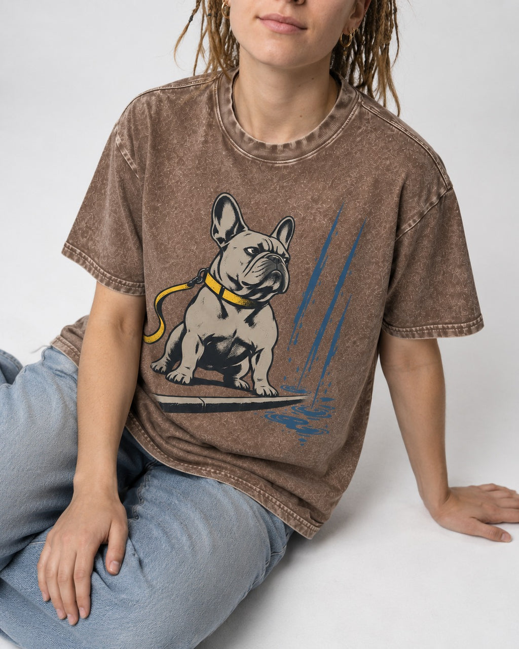 Frenchie Has Standards Washed Tee in Coffee, worn by a seated model