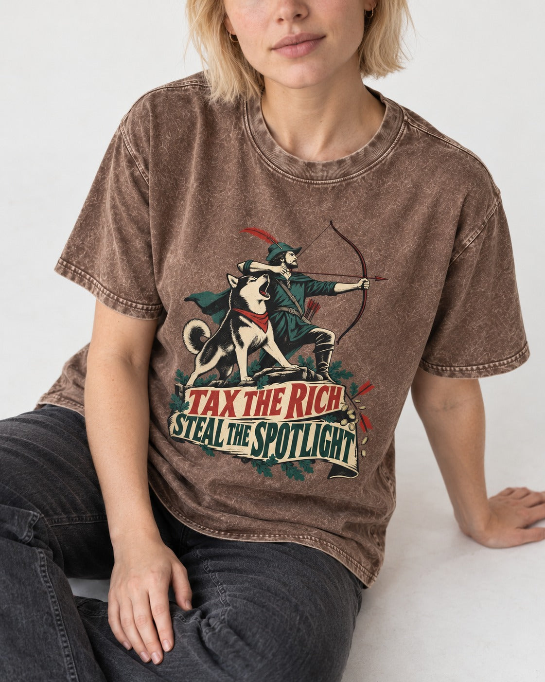 Husky Steals the Spotlight Washed Tee in Coffee, worn by a seated model