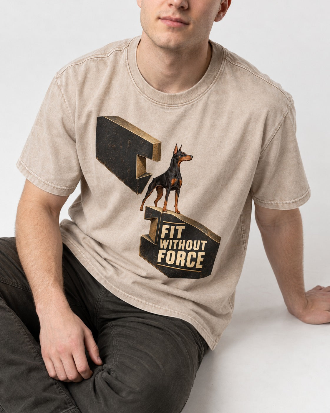 Doberman Fit Without Force Washed Tee in Apricot, worn by a seated model