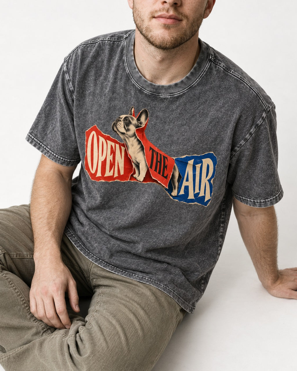 Frenchie Open the Air Torn Poster Graphic Washed Tee in Gray, worn by a seated model