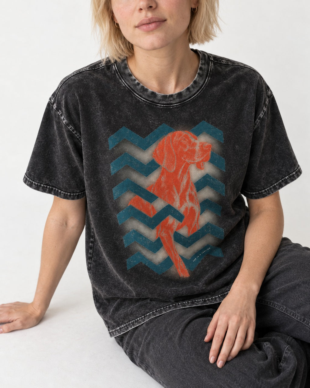 German Shorthaired Pointer Far Is a Feeling Chevron Graphic Washed Tee in Black, worn by a seated model