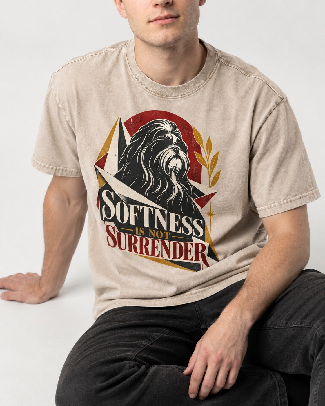 Shih Tzu Softness Is Not Surrender Washed Tee in Apricot, worn by a seated model