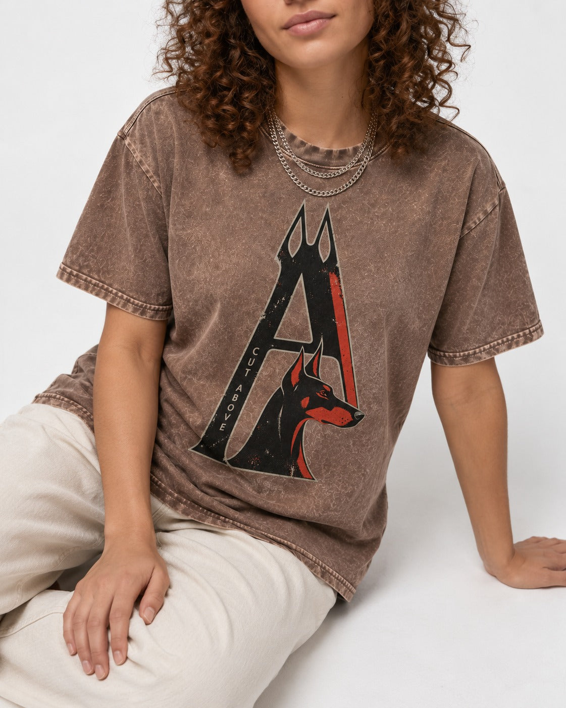 Doberman A Cut Above Washed Tee in Coffee, worn by a seated model