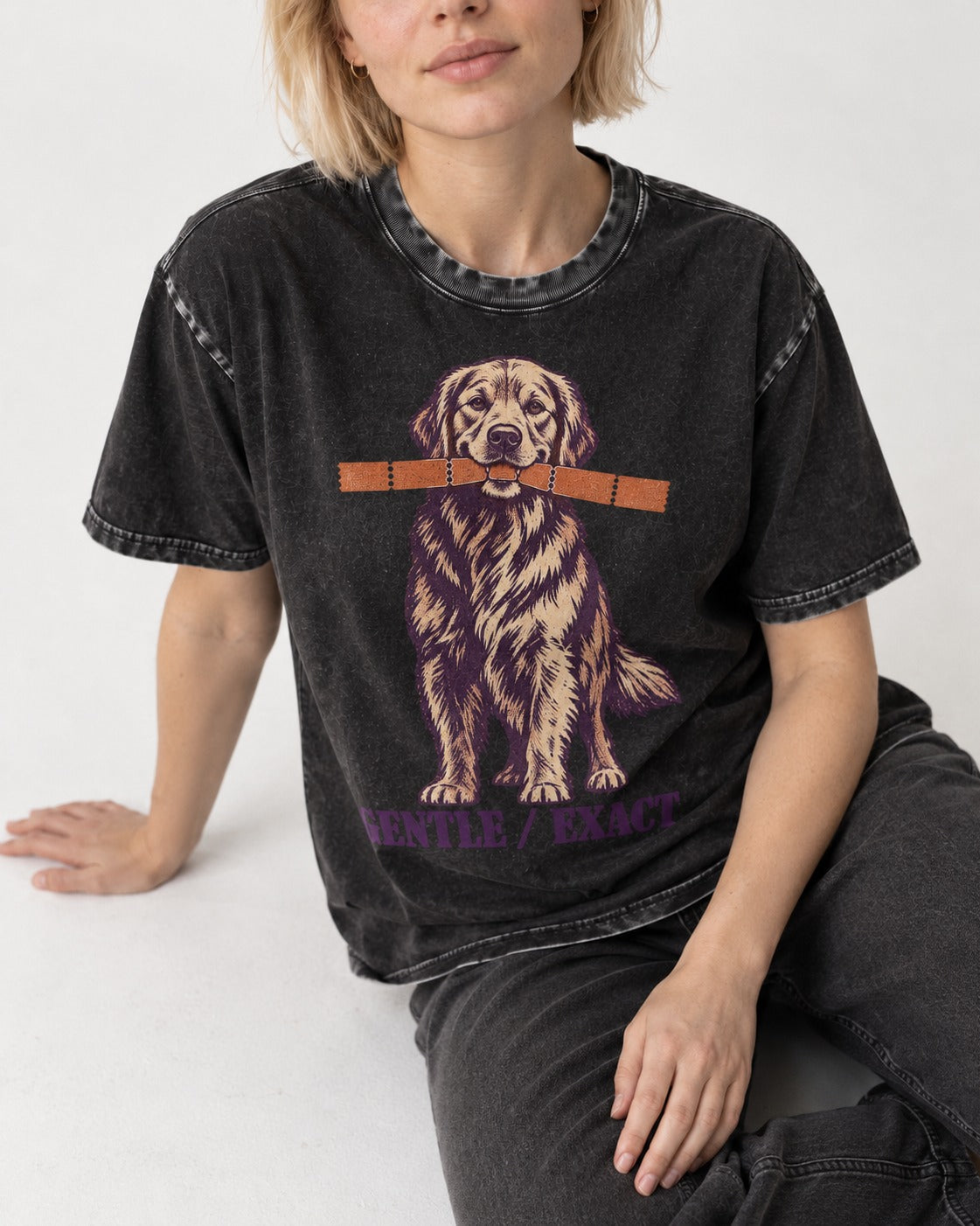 Golden Retriever Gentle Exact Paper Bridge Graphic Washed Tee in Black, worn by a seated model