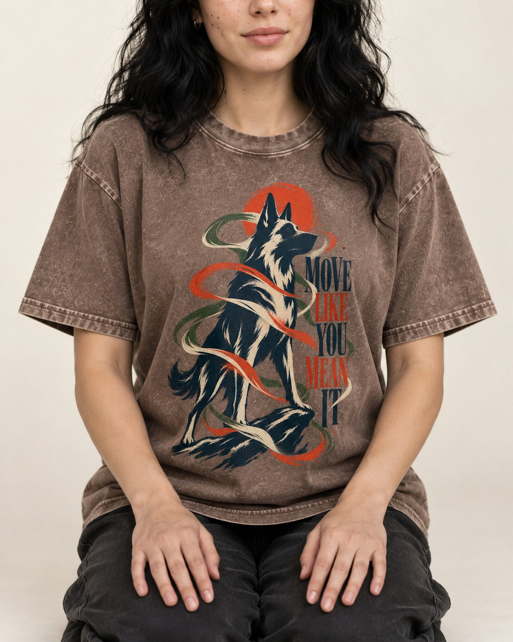 German Shepherd Dog Mean It Washed Tee in Coffee, worn by a seated model