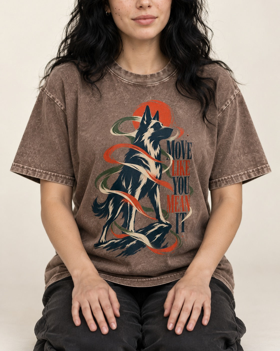 German Shepherd Dog Mean It Washed Tee in Coffee, worn by a seated model