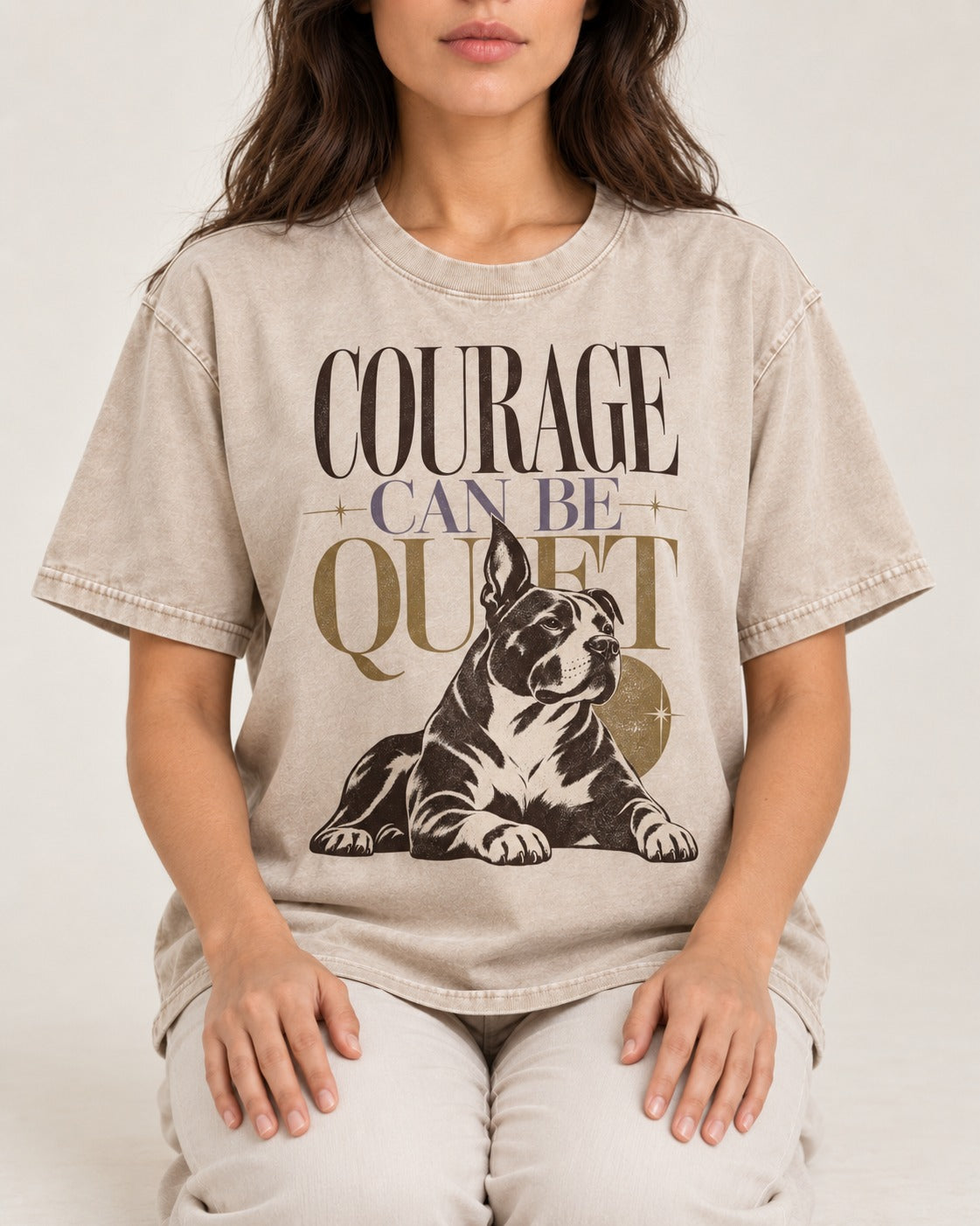 Pitbull Courage Can Be Quiet Washed Tee in Apricot, worn by a seated model