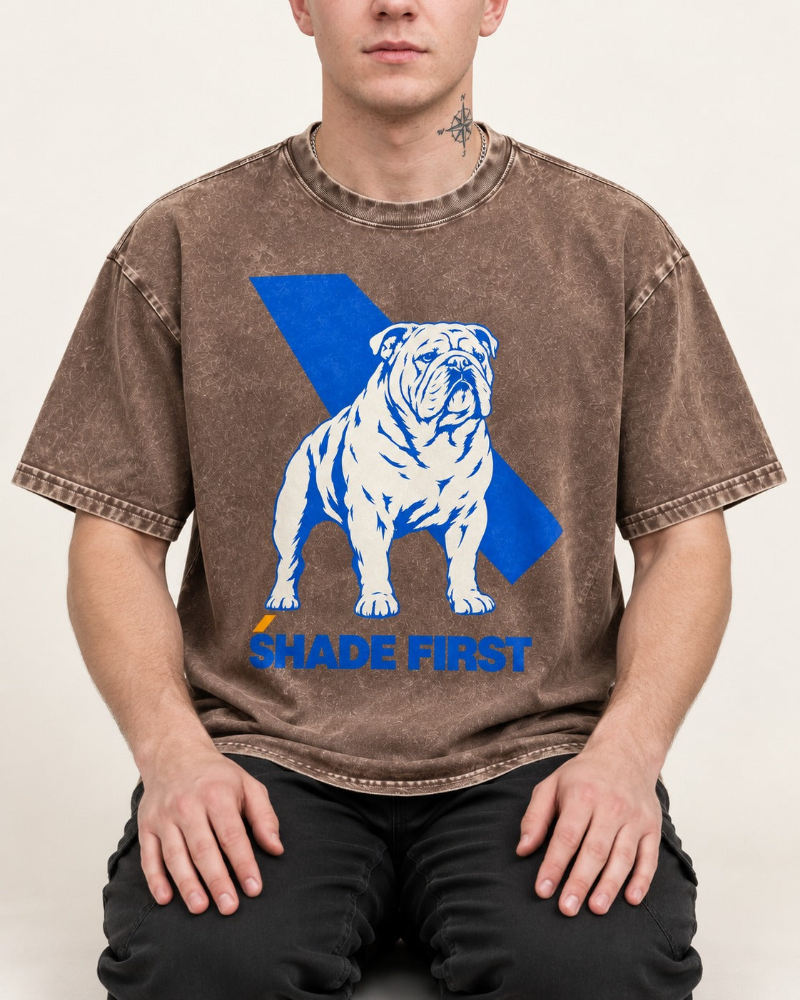 Shade First English Bulldog Washed Tee in Coffee, worn by a seated model