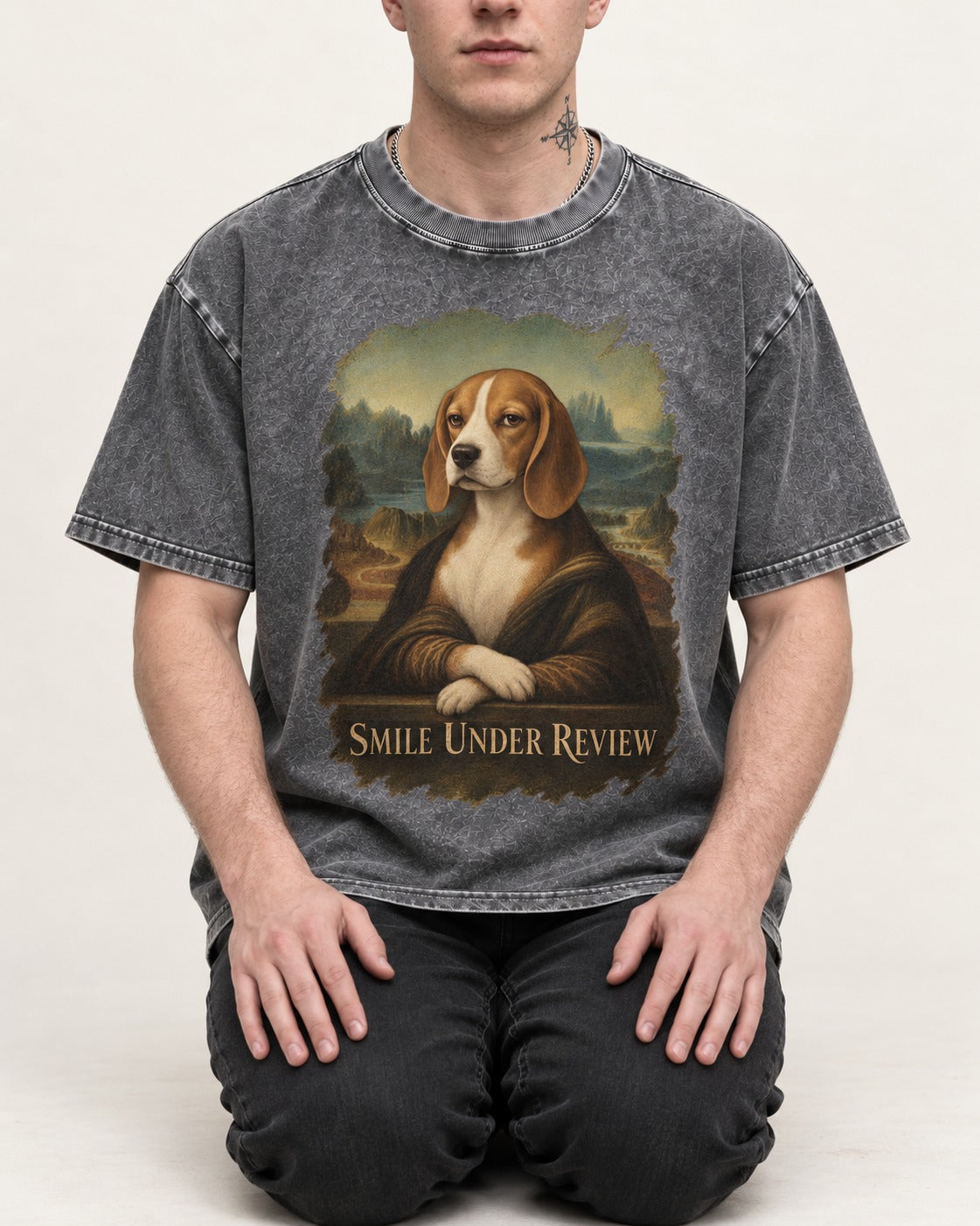 Smile Under Review Beagle Portrait Washed Tee in Gray, worn by a seated model