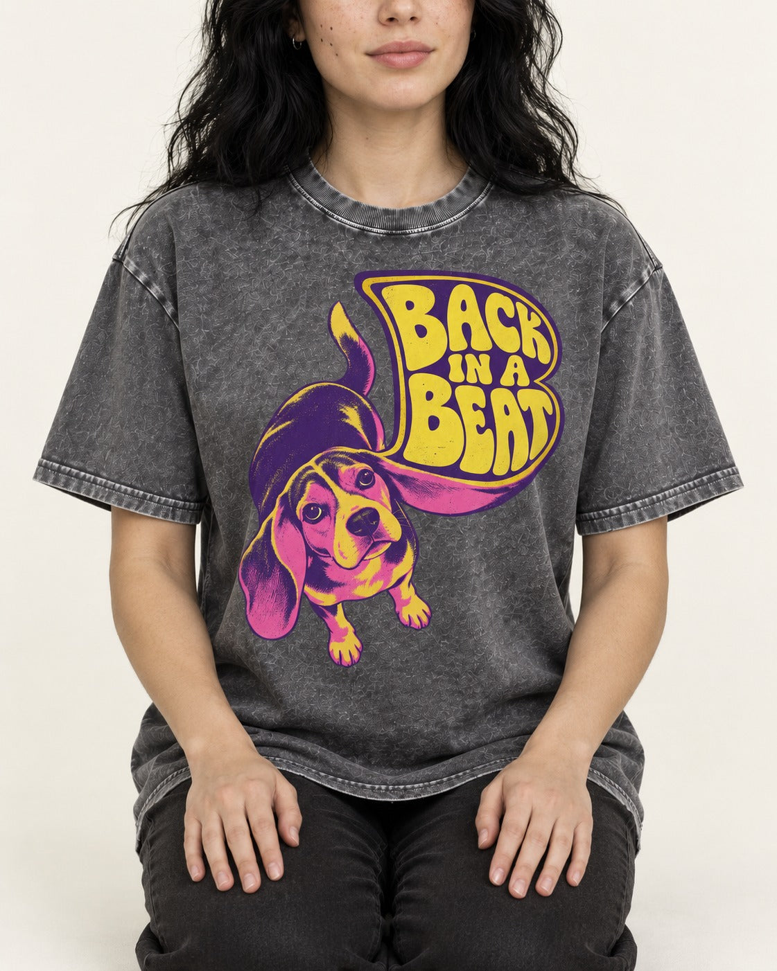 Groovy Beagle Back In A Beat Washed Tee in Gray, worn by a seated model
