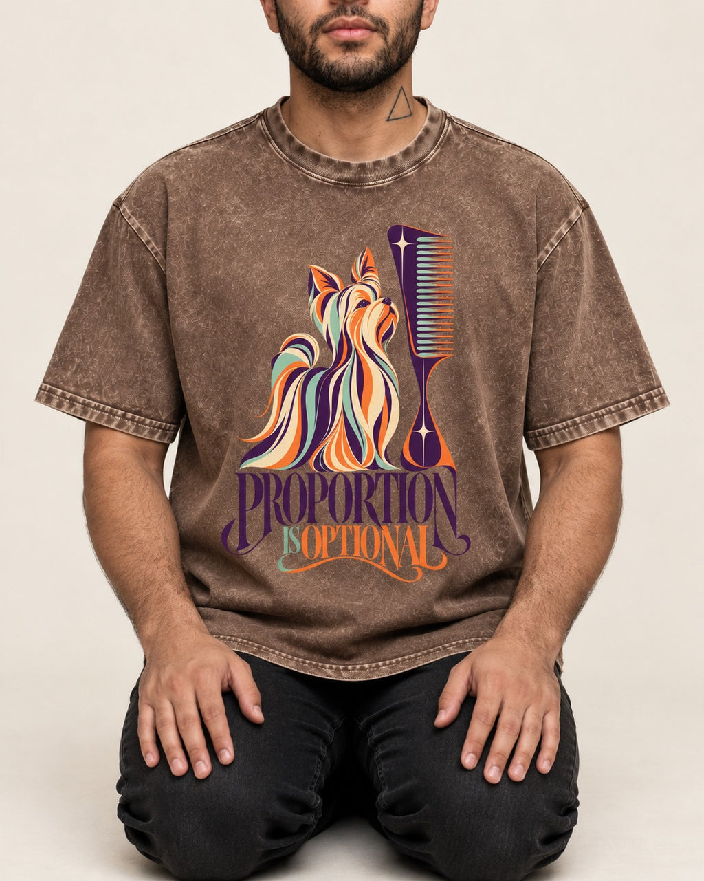 Yorkshire Terrier Proportion Is Optional Washed Tee in Coffee, worn by a seated model
