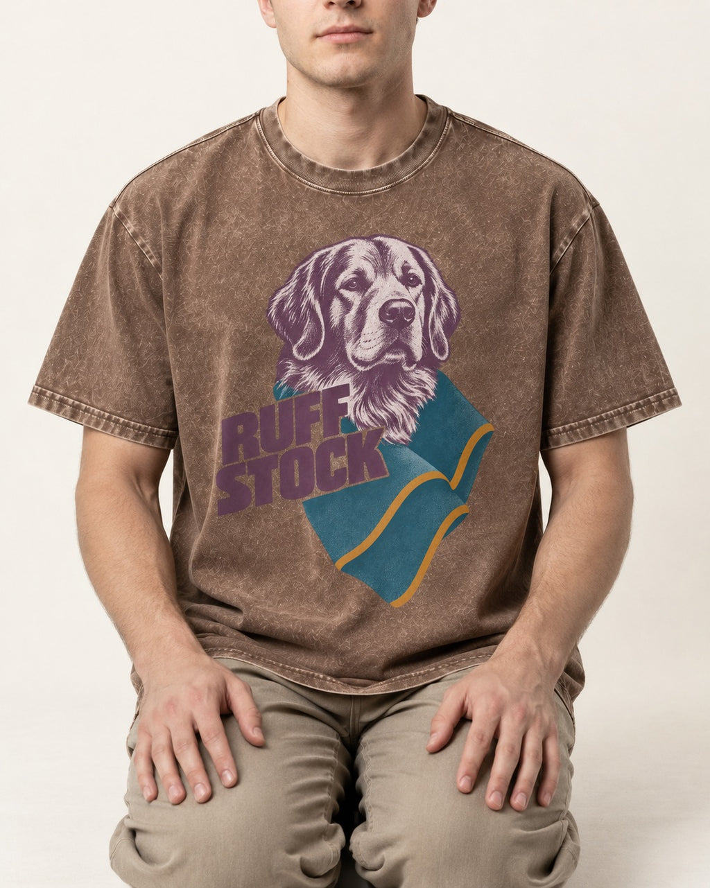 Golden Retriever Ruff Stock Washed Tee in Coffee, worn by a seated model