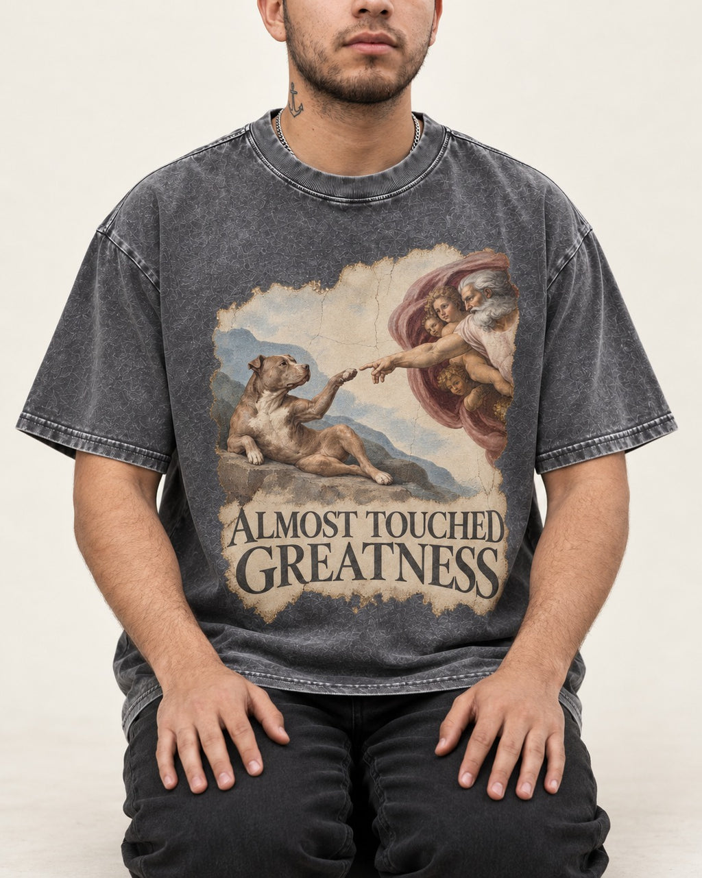 Pitbull Almost Touched Greatness Creation Parody Graphic Washed Tee in Gray, worn by a seated model