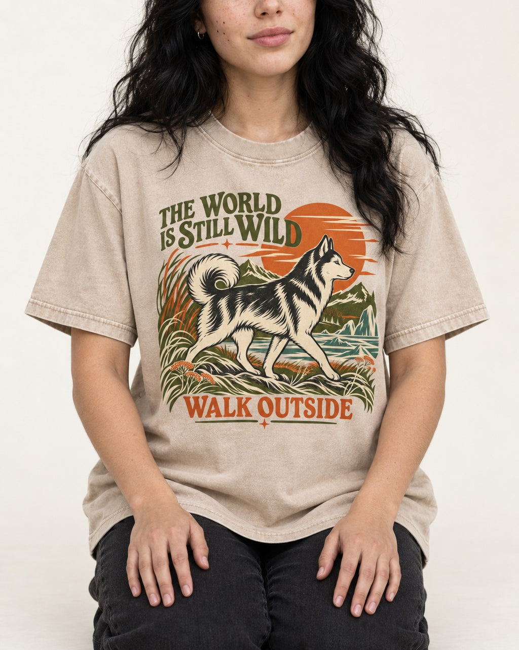 Walk Outside with Husky Washed Tee in Apricot, worn by a seated model