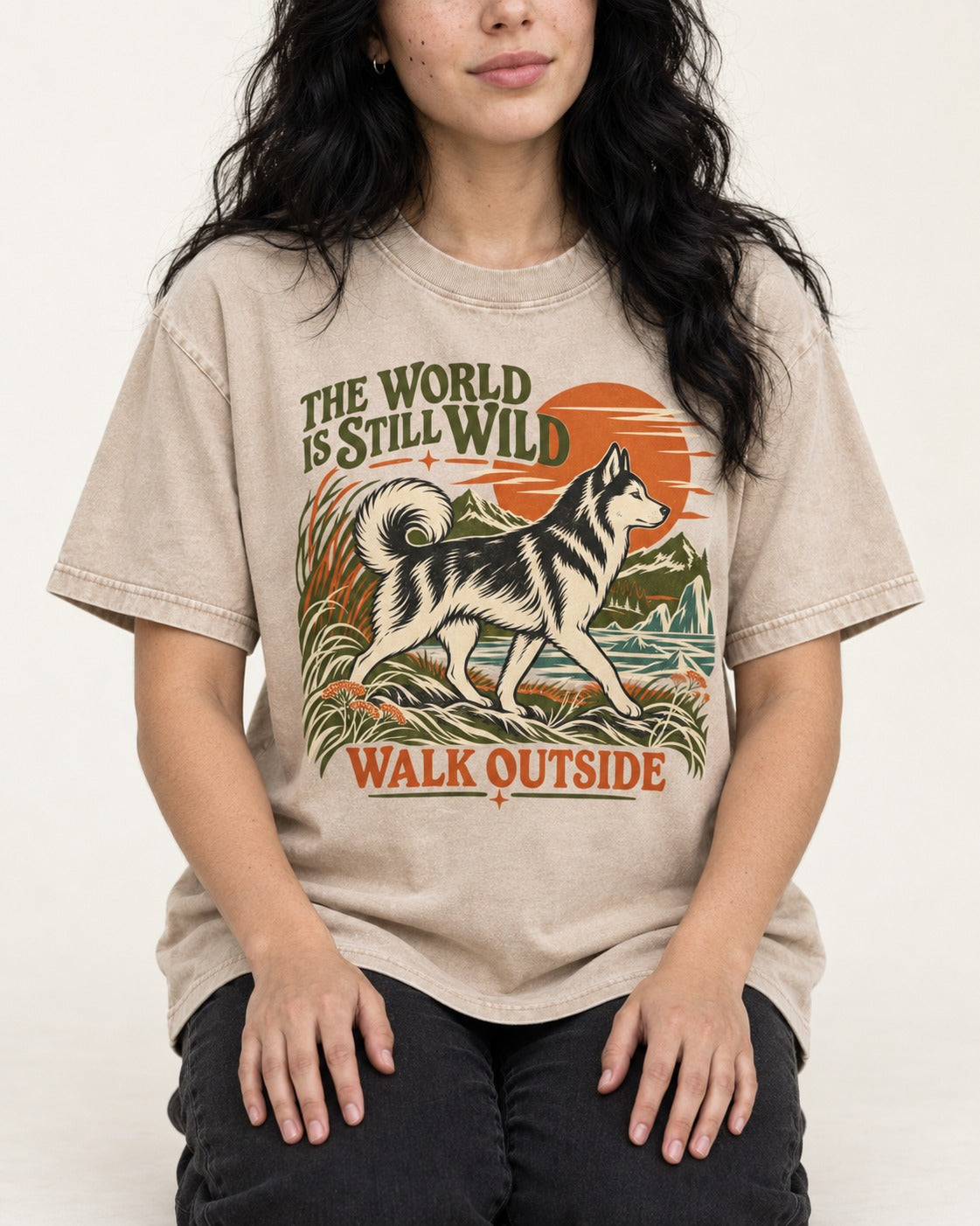 Walk Outside with Husky Washed Tee in Apricot, worn by a seated model