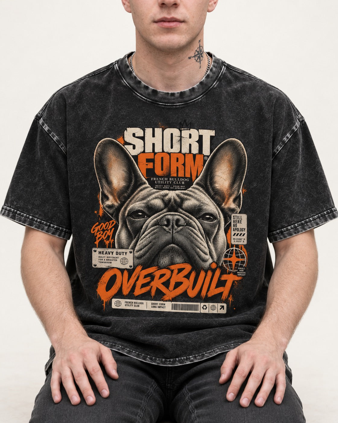 Frenchie Short Form Overbuilt Utility Club Poster Graphic Washed Tee in Black, worn by a seated model