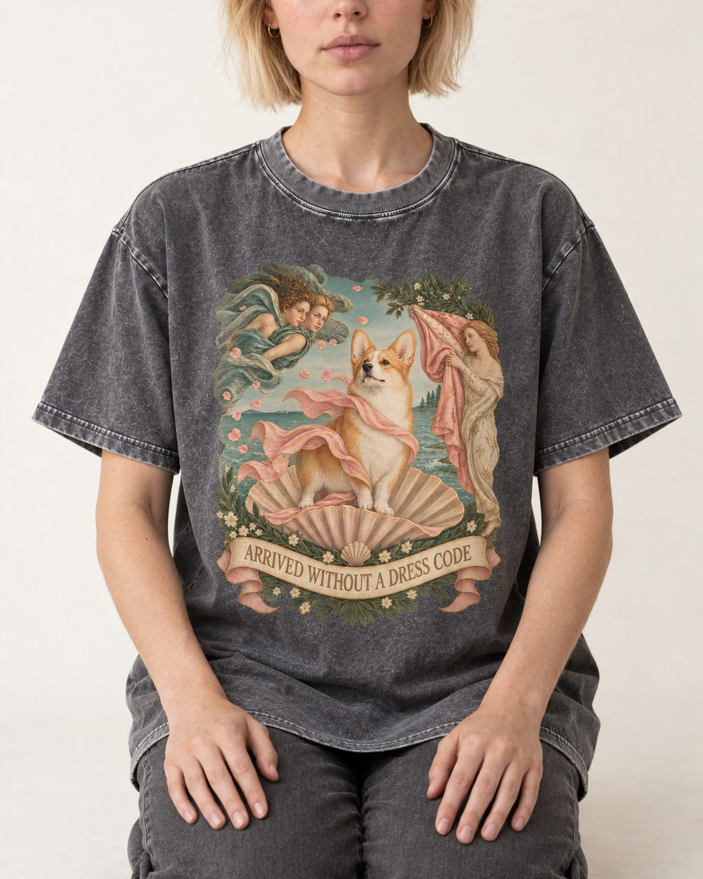Corgi Arrived Without a Dress Code Birth of Venus Washed Tee in Gray, worn by a seated model
