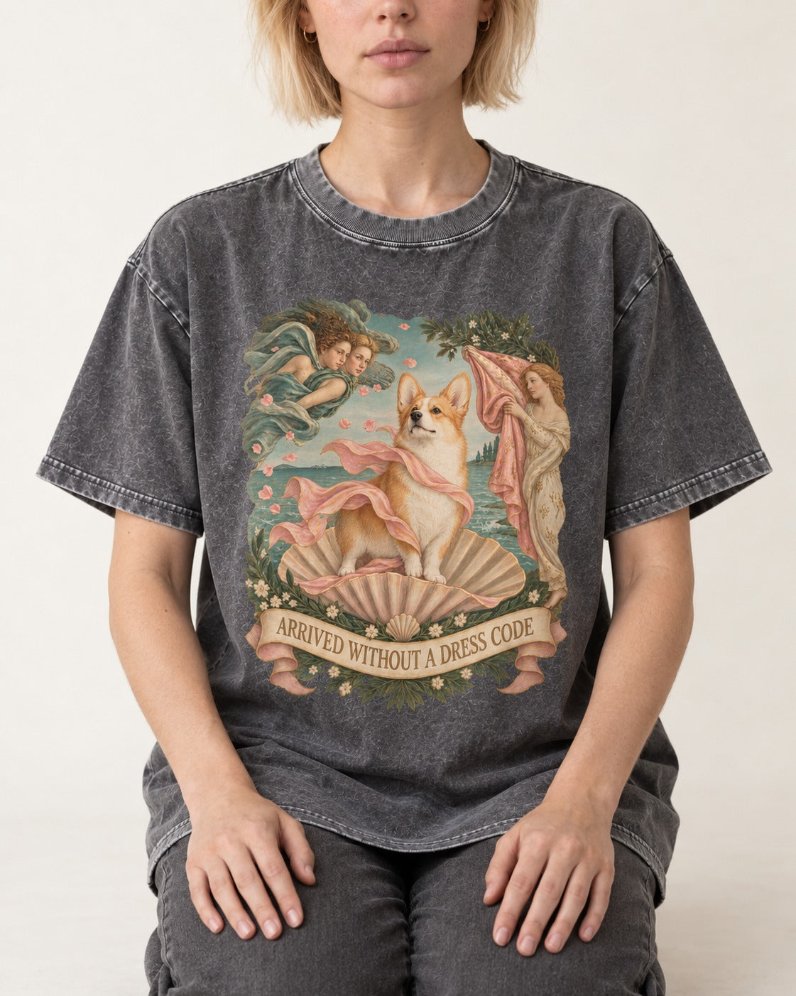 Corgi Arrived Without a Dress Code Birth of Venus Washed Tee in Gray, worn by a seated model