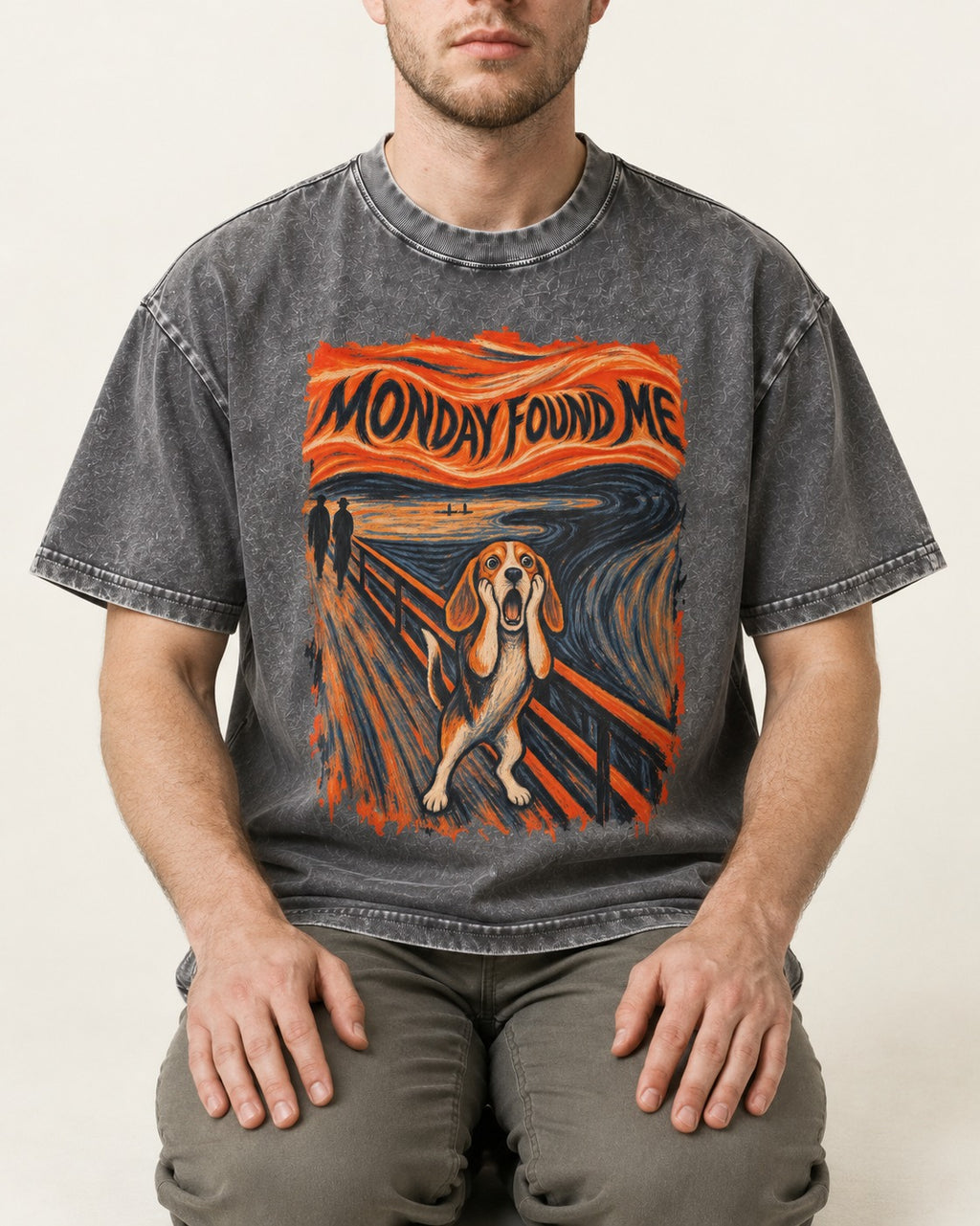 Monday Found Me Beagle Scream Scene Washed Tee in Gray, worn by a seated model