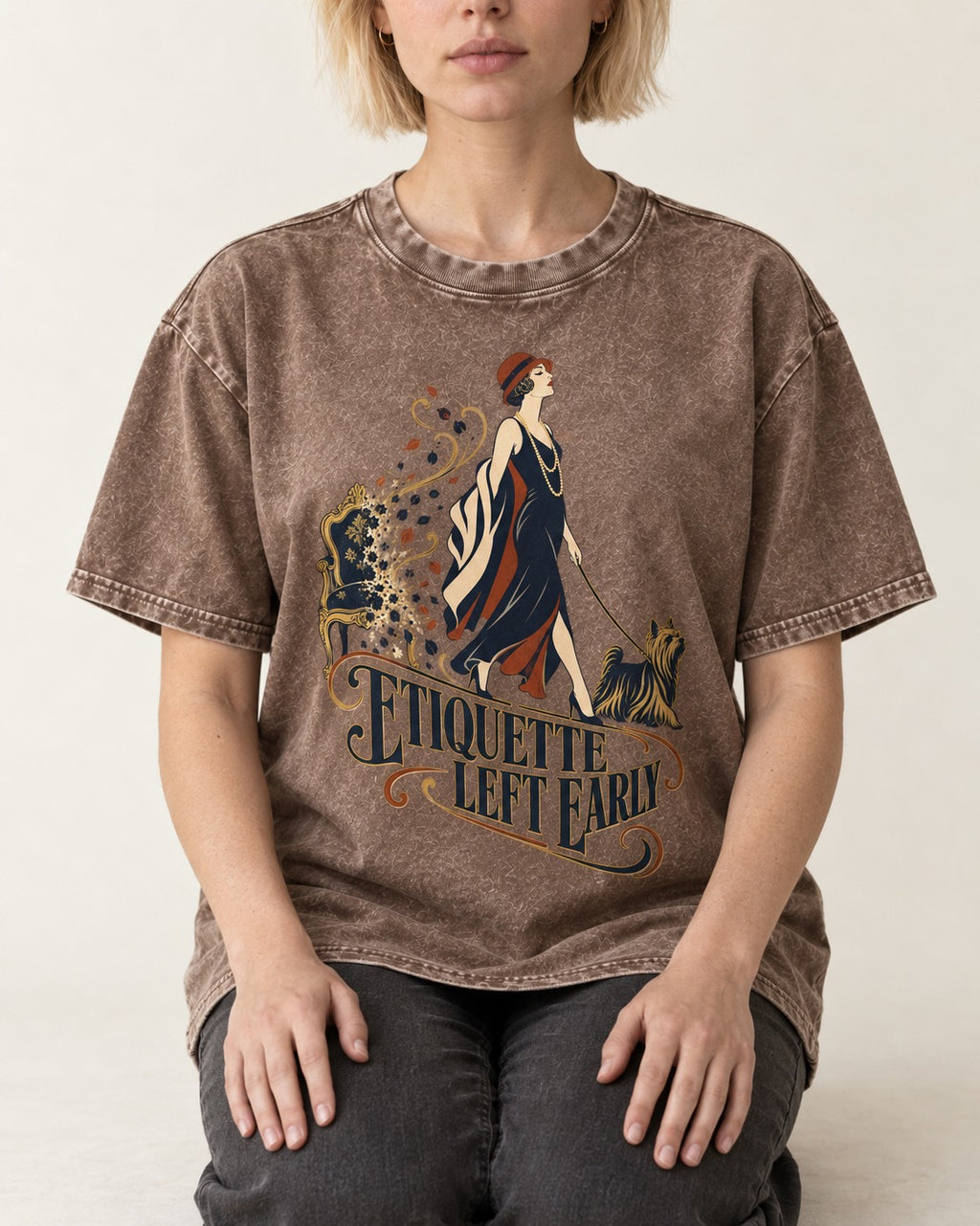 Yorkshire Terrier Etiquette Left Early Washed Tee in Coffee, worn by a seated model