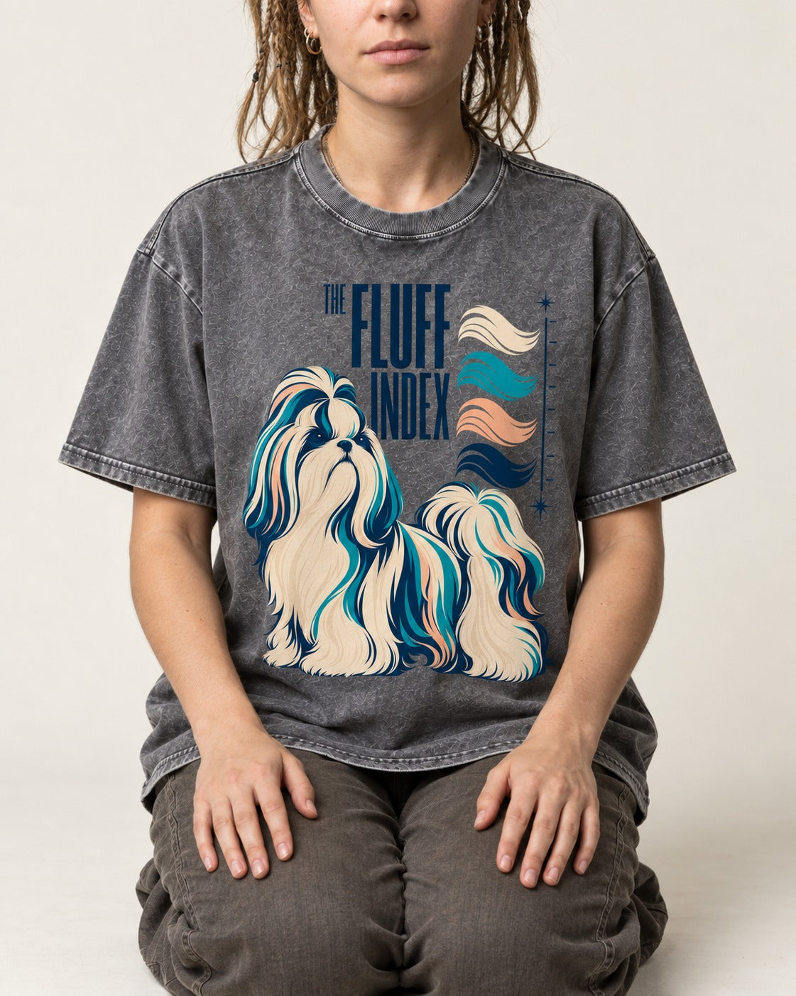 Shih Tzu The Fluff Index Coat Color Chart Graphic Washed Tee in Gray, worn by a seated model