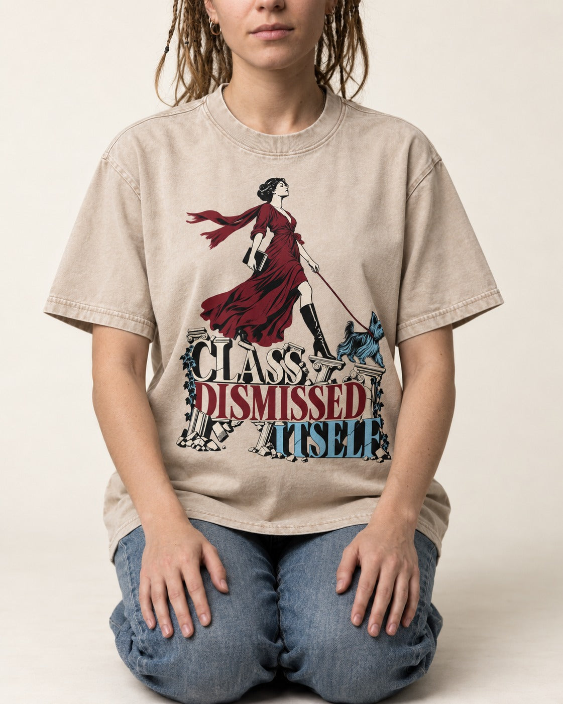 Class Dismissed Itself Yorkshire Terrier Washed Tee in Apricot, worn by a seated model