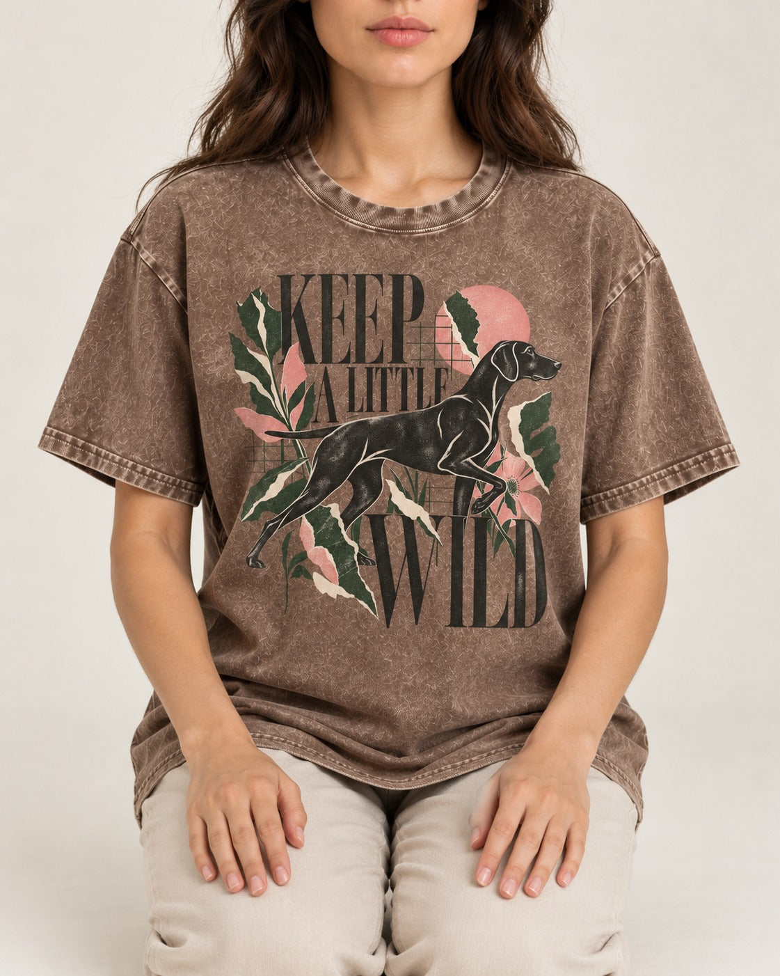 Keep a Little Wild German Shorthaired Pointer Washed Tee in Coffee, worn by a seated model