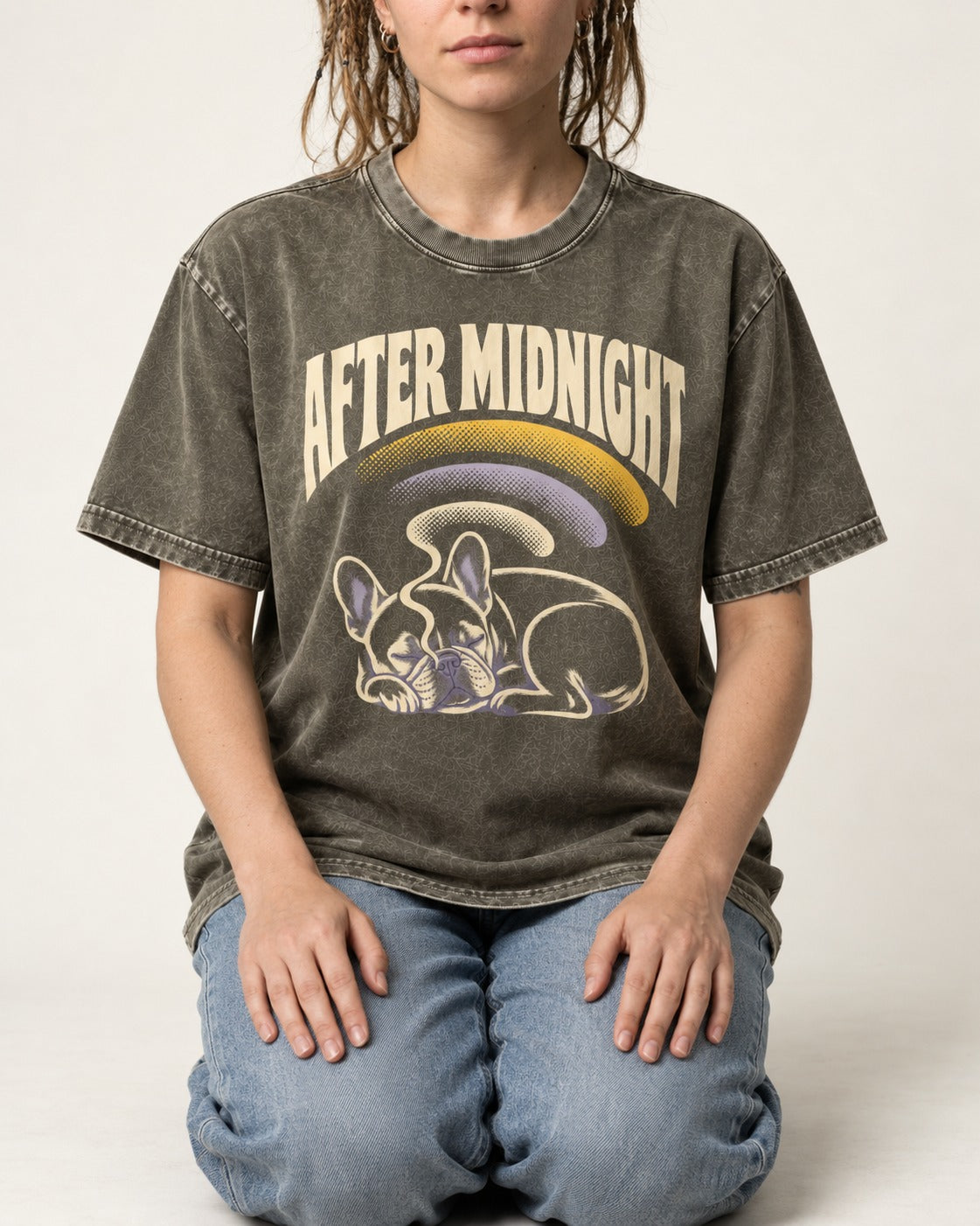 Frenchie After Midnight Sleeping Graphic Washed Tee in Army Green, worn by a seated model