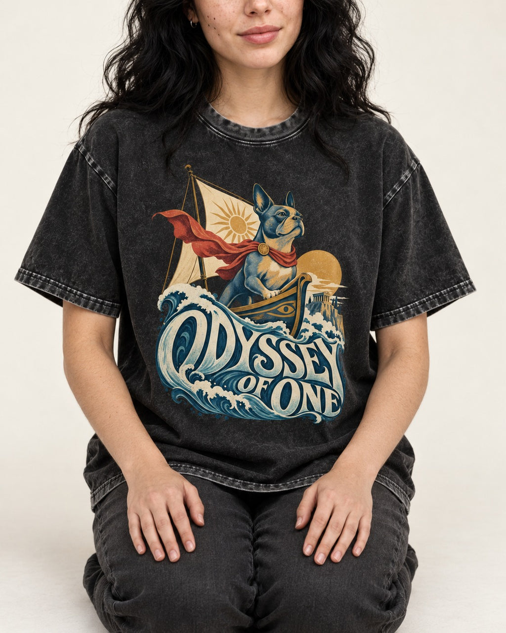 Boston Terrier Odyssey of One Washed Tee in Black, worn by a seated model