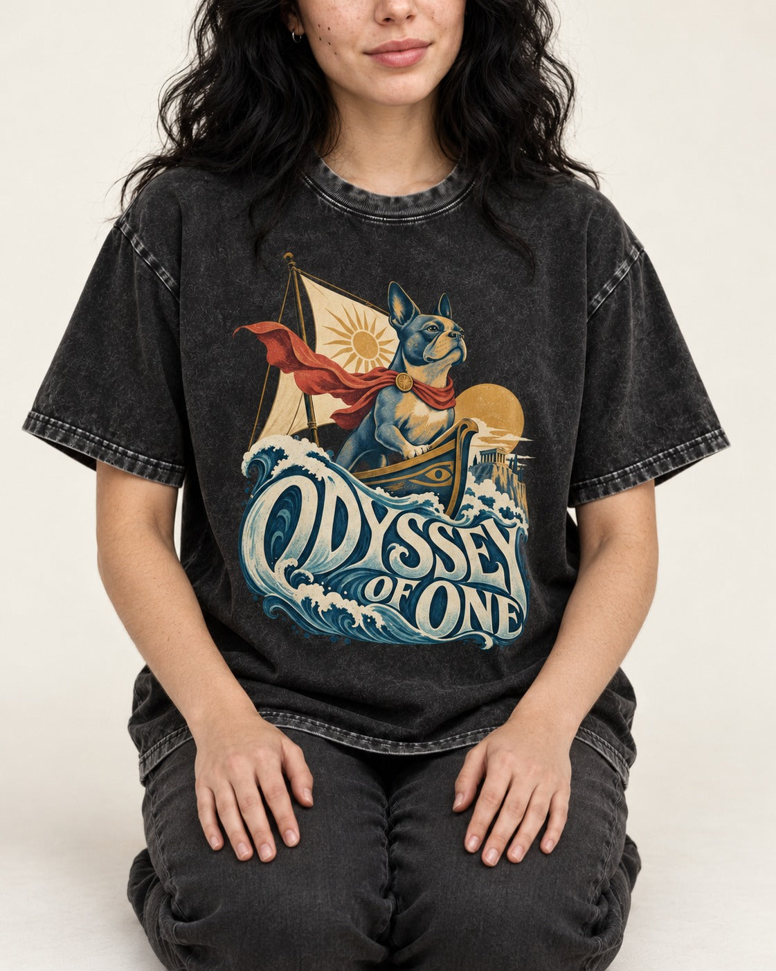 Boston Terrier Odyssey of One Washed Tee in Black, worn by a seated model
