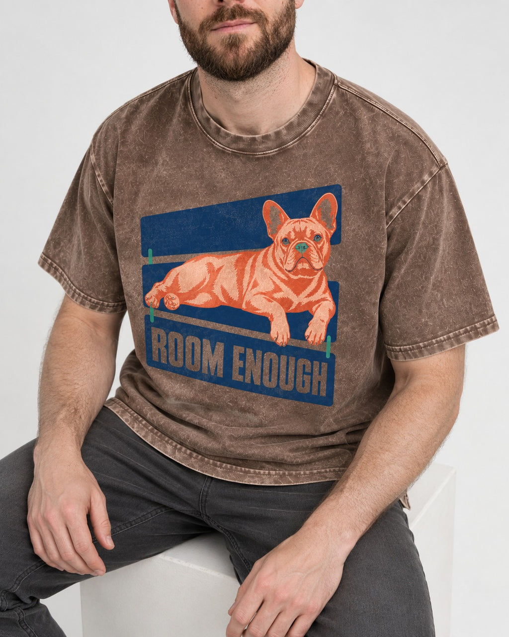 Room Enough for Frenchie Washed Tee in Coffee, worn by a seated model