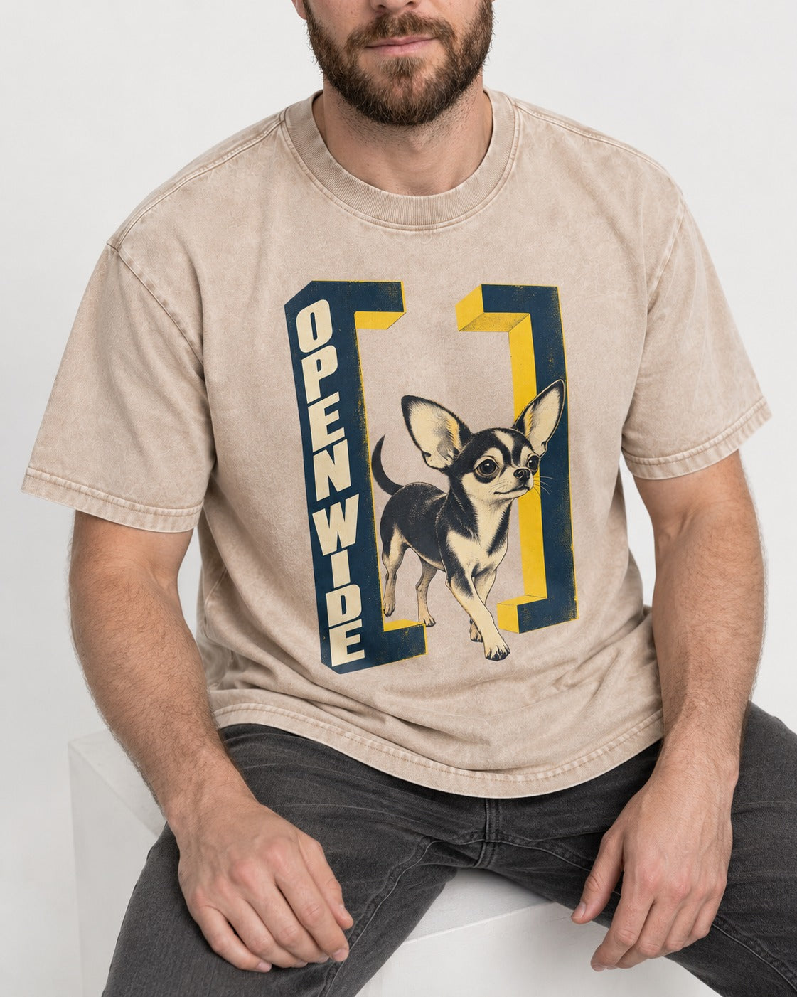 Open Wide Chihuahua Washed Tee in Apricot, worn by a seated model