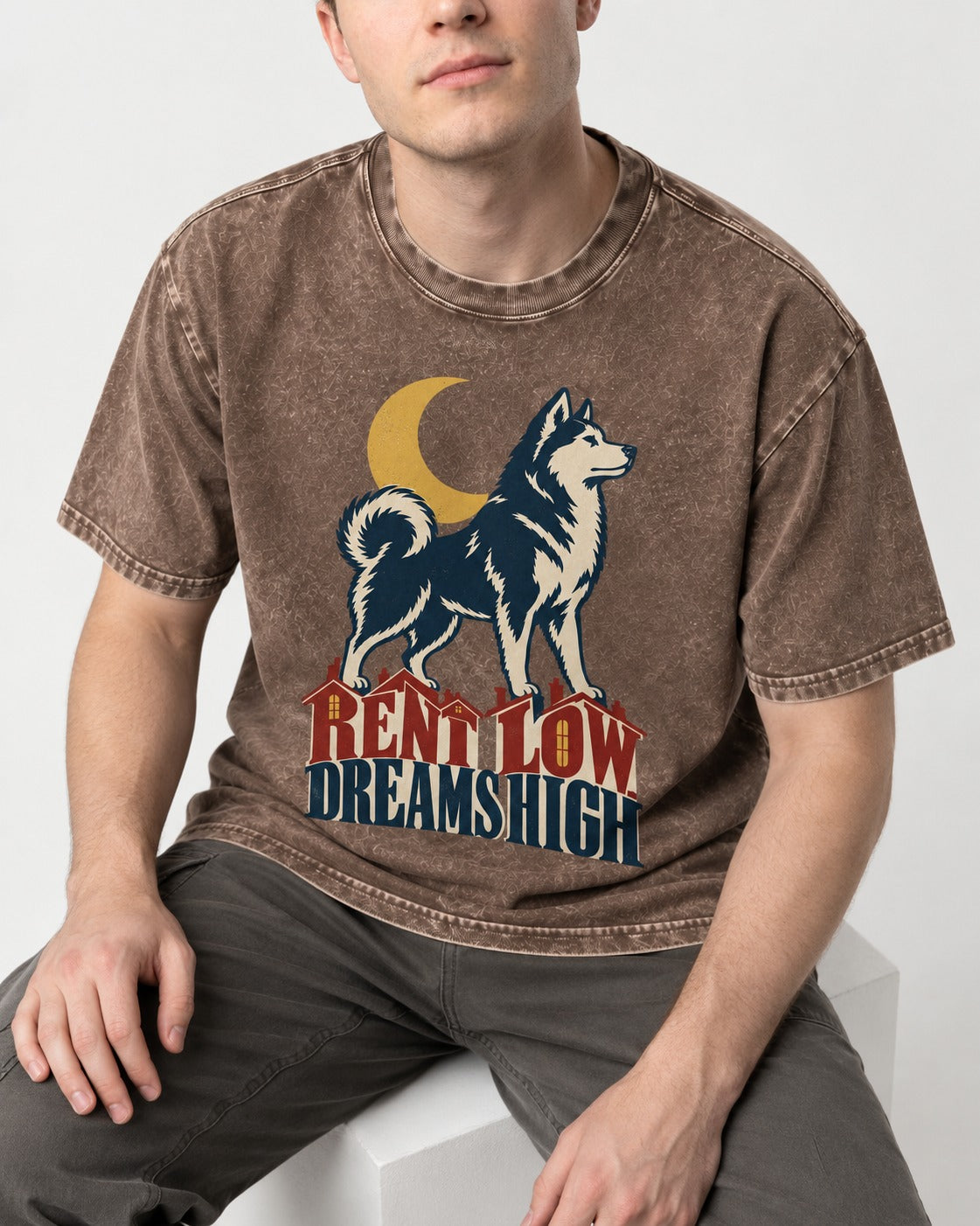 Husky Dreams High Washed Tee in Coffee, worn by a seated model