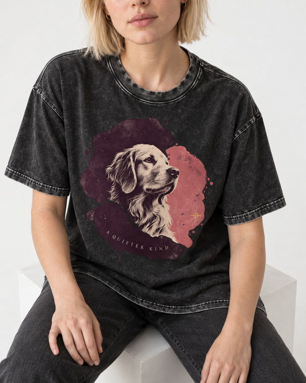 Golden Retriever A Quieter Kind Ink Wash Portrait Graphic Washed Tee in Black, worn by a seated model