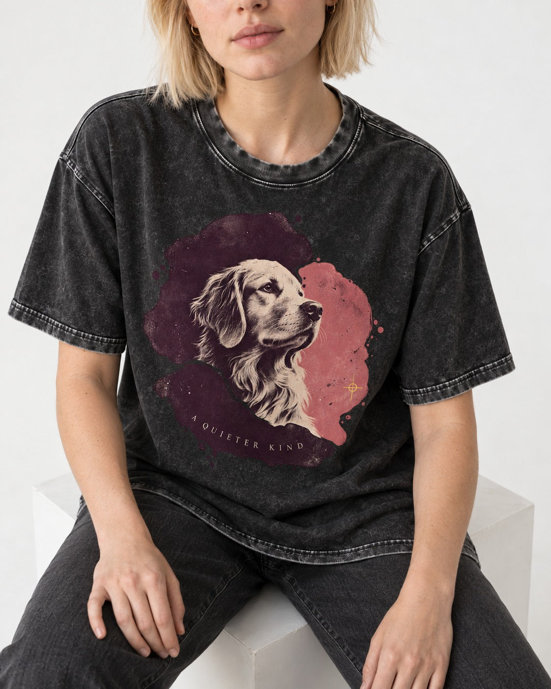 Golden Retriever A Quieter Kind Ink Wash Portrait Graphic Washed Tee in Black, worn by a seated model