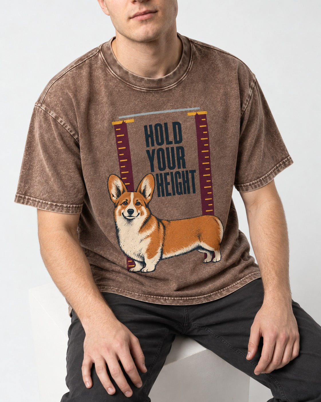 Corgi Hold Your Height Washed Tee in Coffee, worn by a seated model