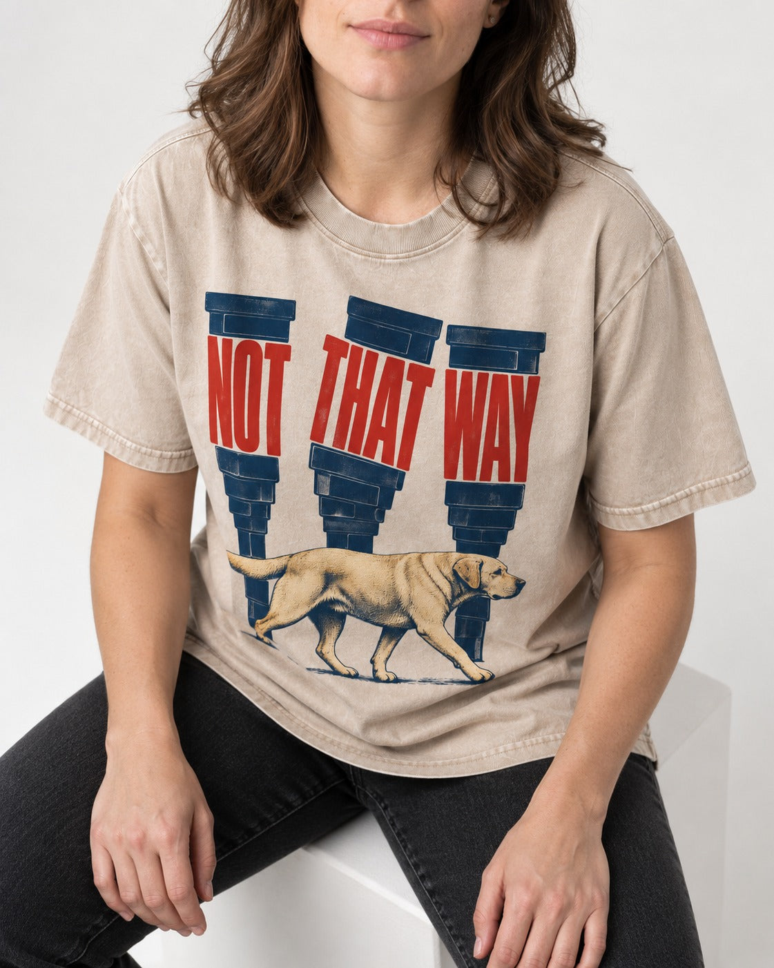 Not That Way Labrador Retriever Washed Tee in Apricot, worn by a seated model