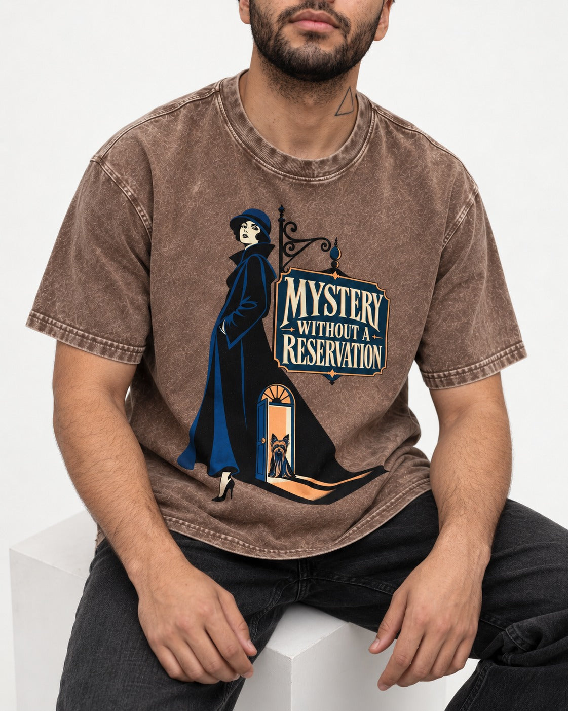 Mystery Without a Reservation Yorkshire Terrier Washed Tee in Coffee, worn by a seated model