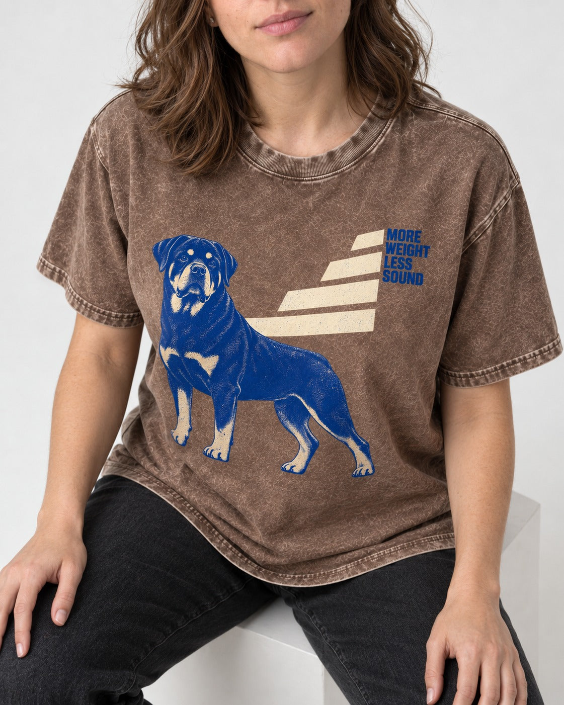 Rottweiler More Weight Less Sound Stair Step Graphic Washed Tee in Coffee, worn by a seated model
