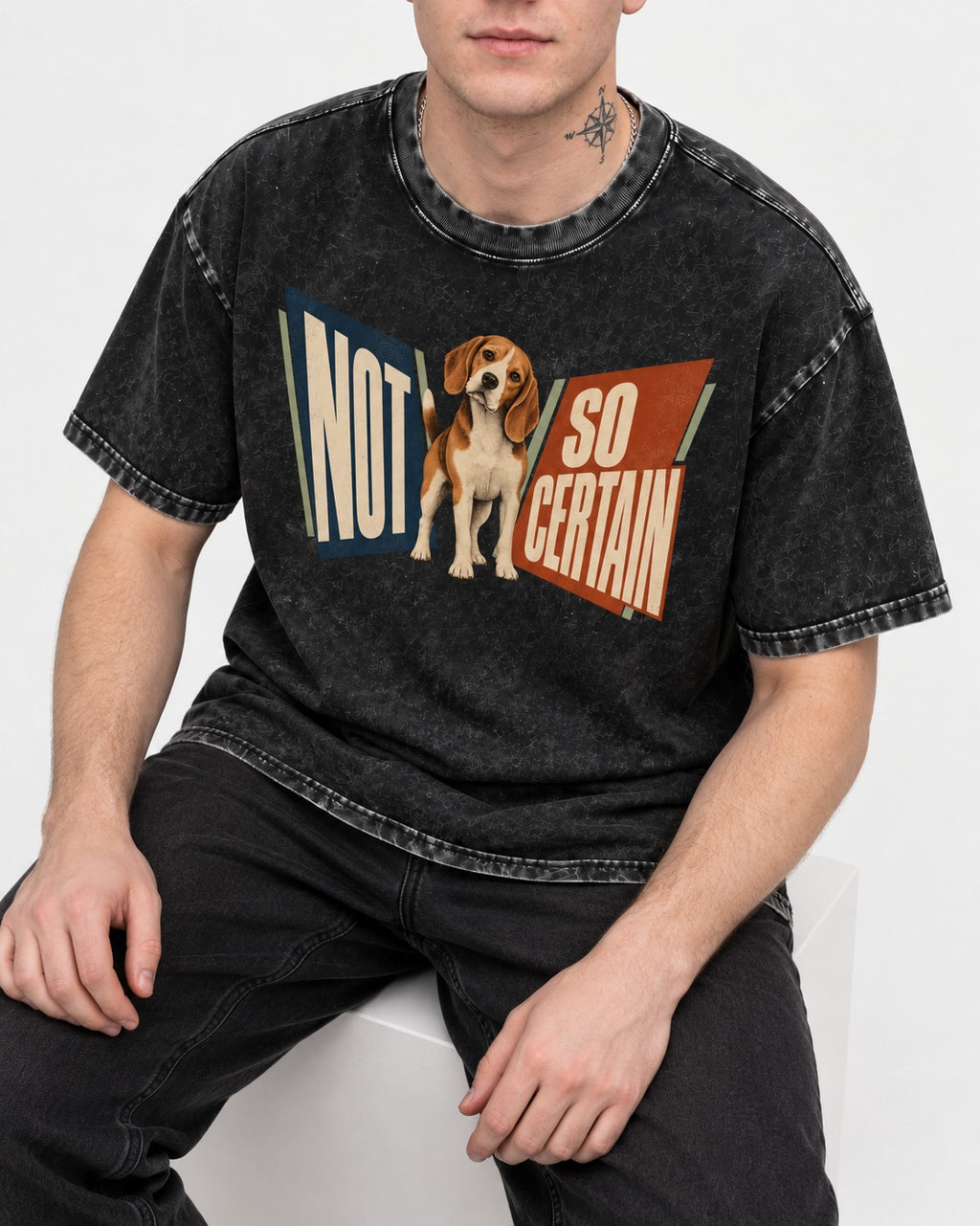 Beagle Not So Certain Retro Panel Graphic Washed Tee in Black, worn by a seated model