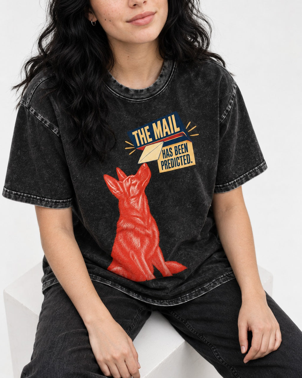 German Shepherd Dog Mail Predicted Graphic Washed Tee in Black, worn by a seated model
