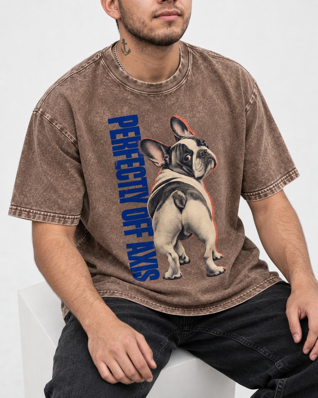 Perfectly Off Axis Frenchie Washed Tee in Coffee, worn by a seated model