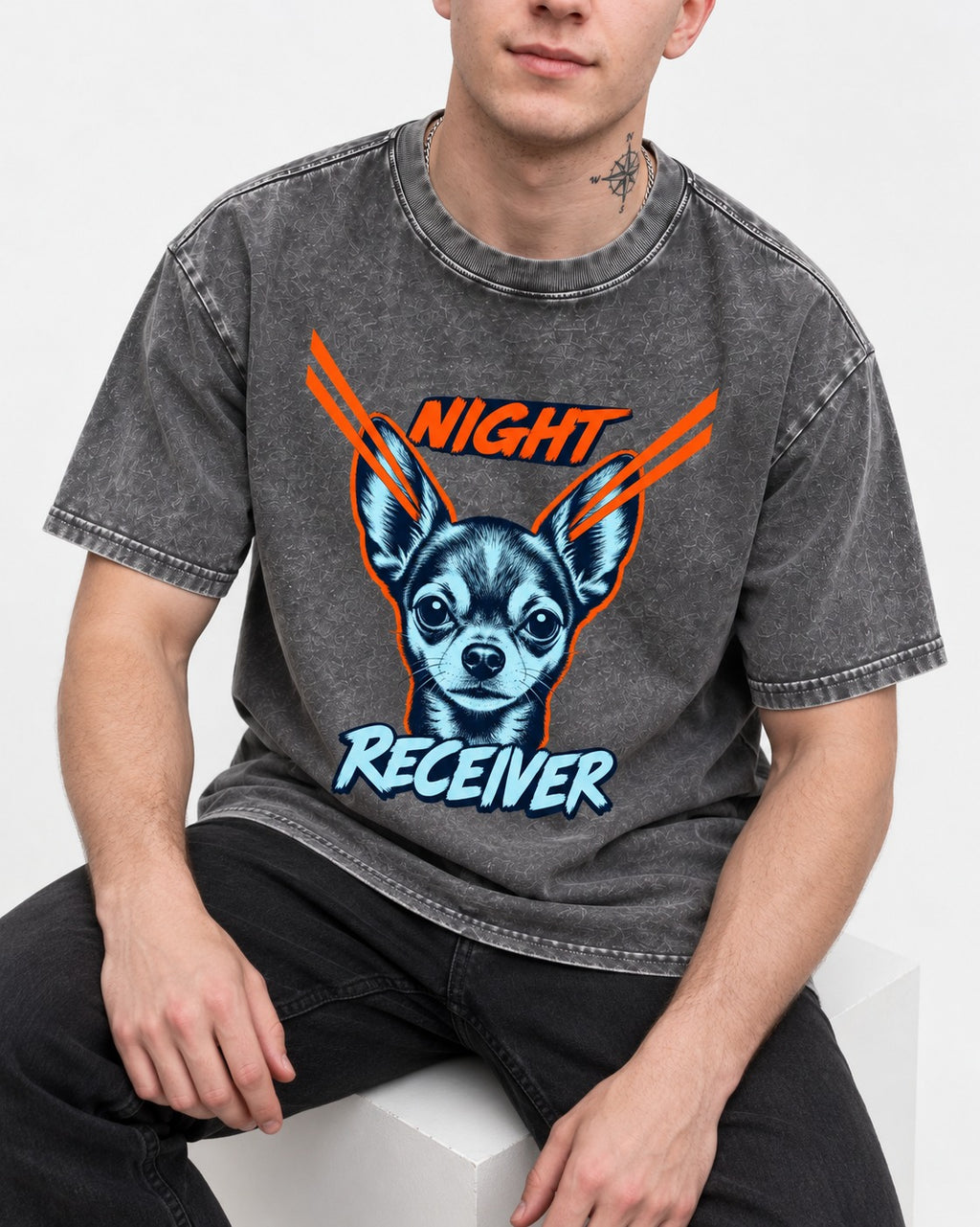 Chihuahua Night Receiver Signal Portrait Graphic Washed Tee in Gray, worn by a seated model