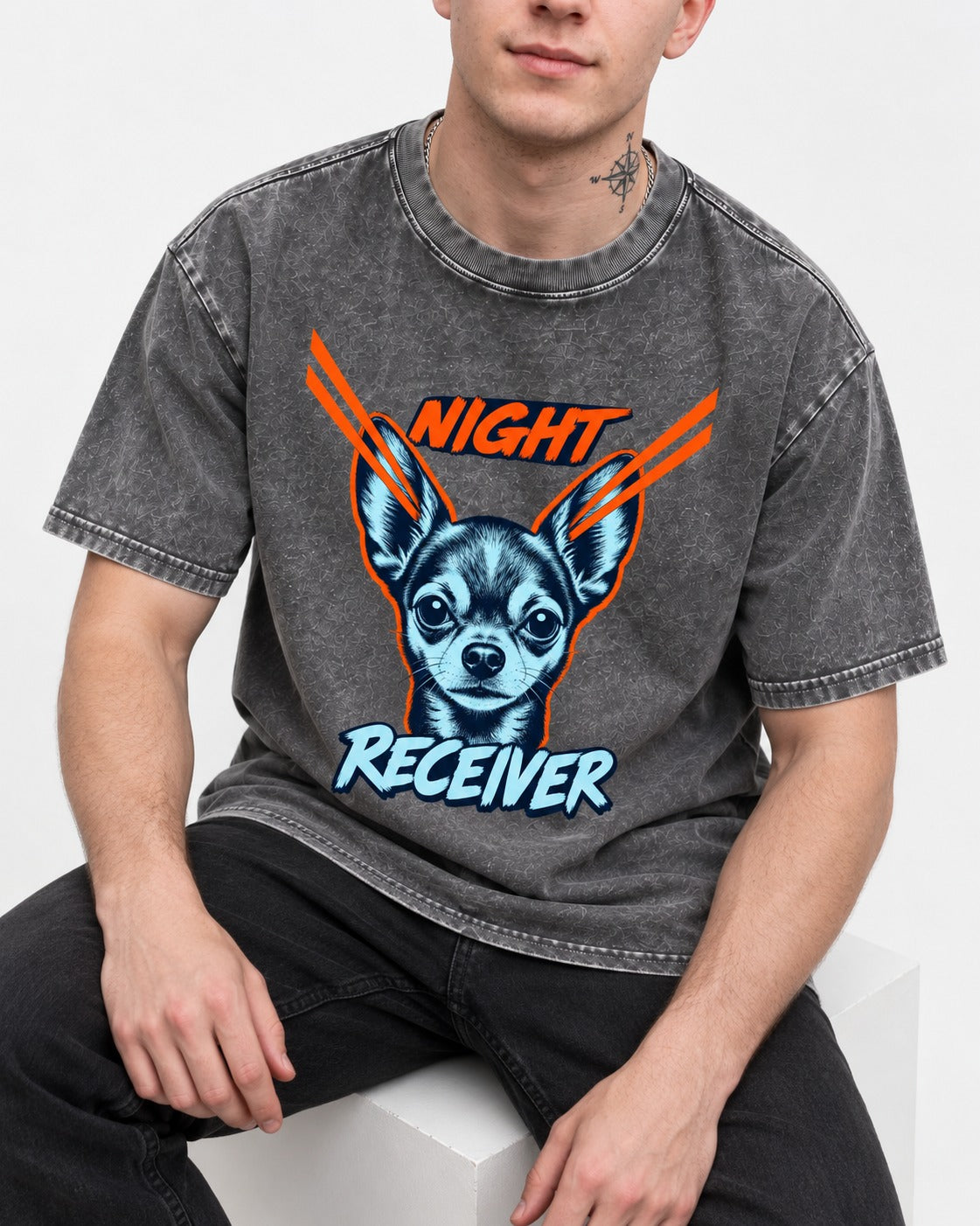 Chihuahua Night Receiver Signal Portrait Graphic Washed Tee in Gray, worn by a seated model