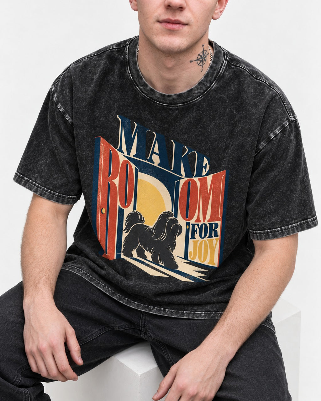 Shih Tzu Make Room for Joy Doorway Graphic Washed Tee in Black, worn by a seated model