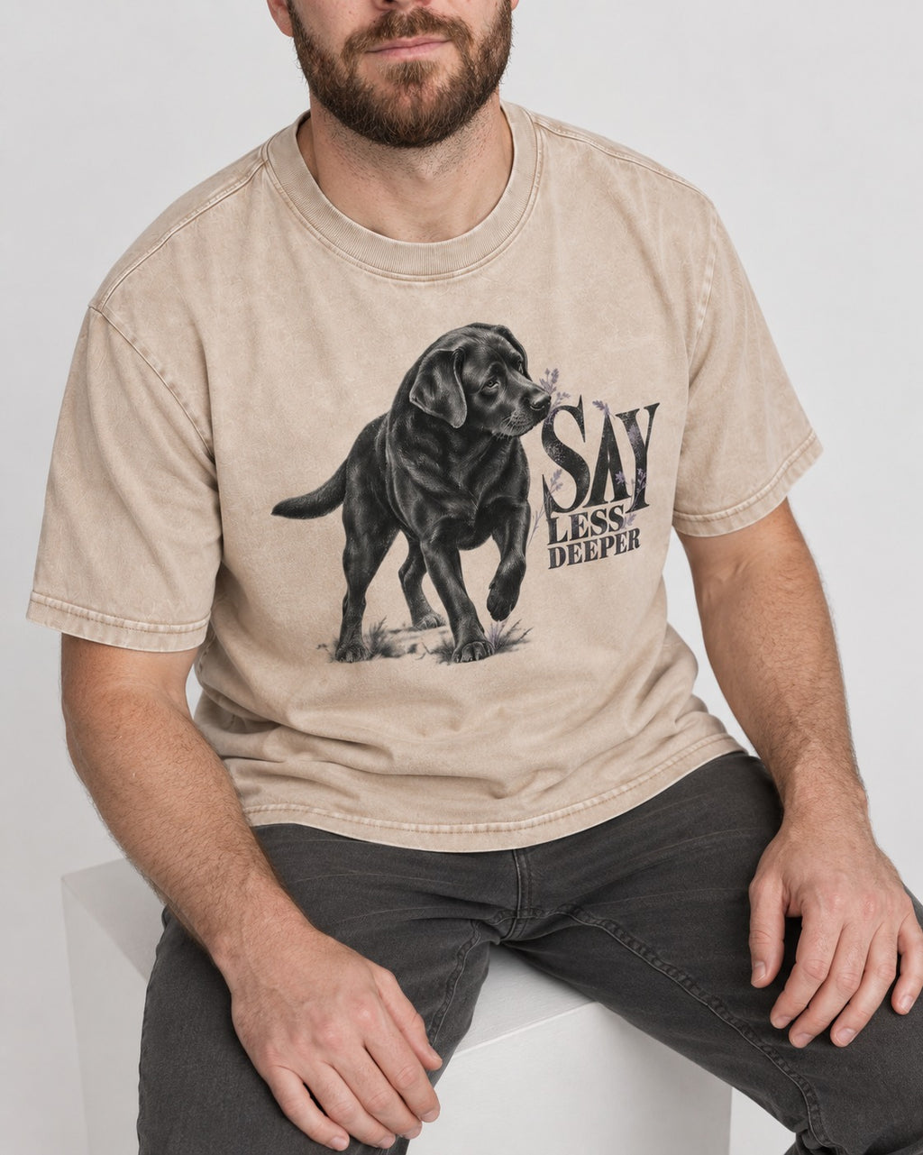 Say Less Deeper Labrador Retriever Washed Tee in Apricot, worn by a seated model