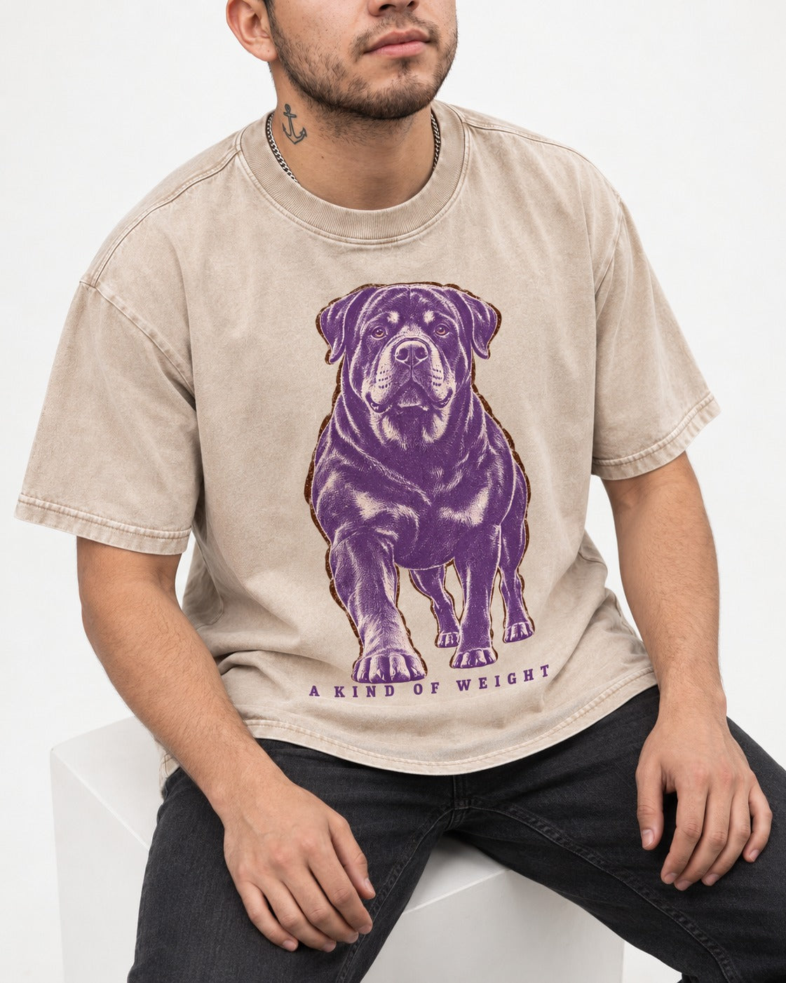 Rottweiler A Kind of Weight Washed Tee in Apricot, worn by a seated model