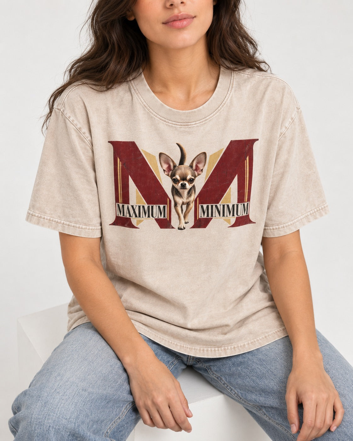 Maximum Minimum Chihuahua Washed Tee in Apricot, worn by a seated model