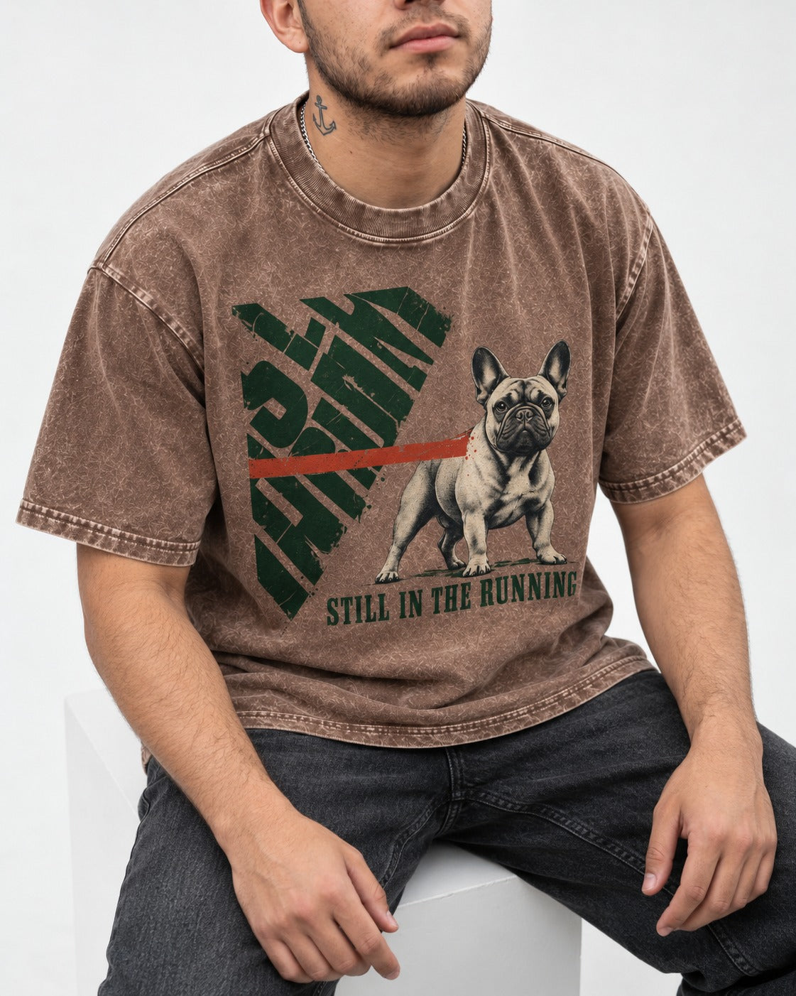 Frenchie Still in the Running Washed Tee in Coffee, worn by a seated model