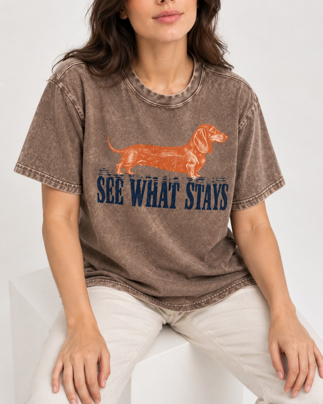 Dachshund See What Stays Washed Tee in Coffee, worn by a seated model